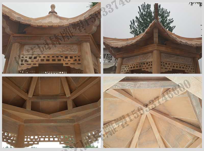中式大理石涼亭，石雕六角亭子細節(jié)圖，定制中式景觀涼亭
